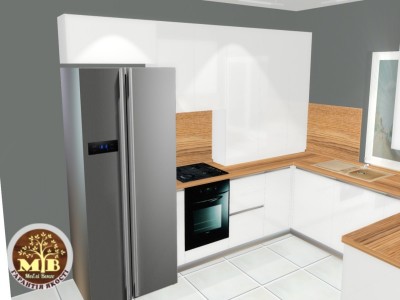 Кухня акриловая белого цвета с сочетанием деревянного декора